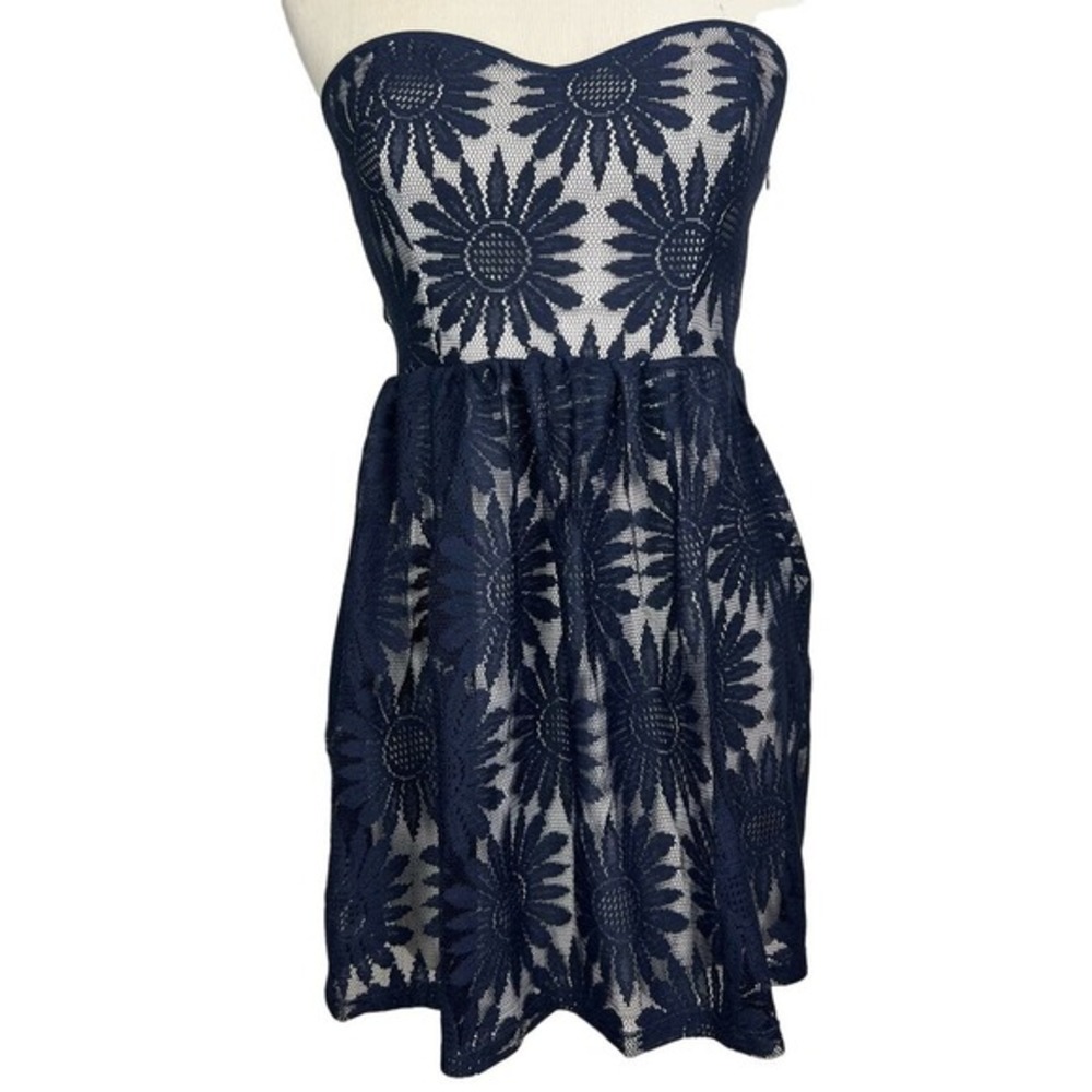 Y2K Body‎ Central Women 9 Strapless Mini Dress Blue Sunflower Lace Cutout Back